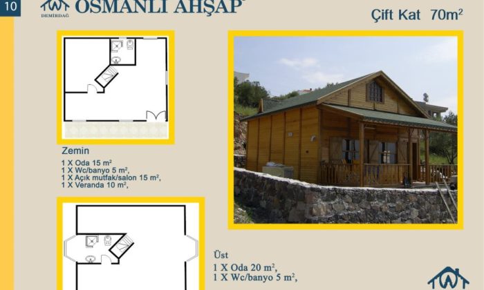 70 m2 dubleks ahşap ev yerleşim planları ve iç mekan tasarımları.